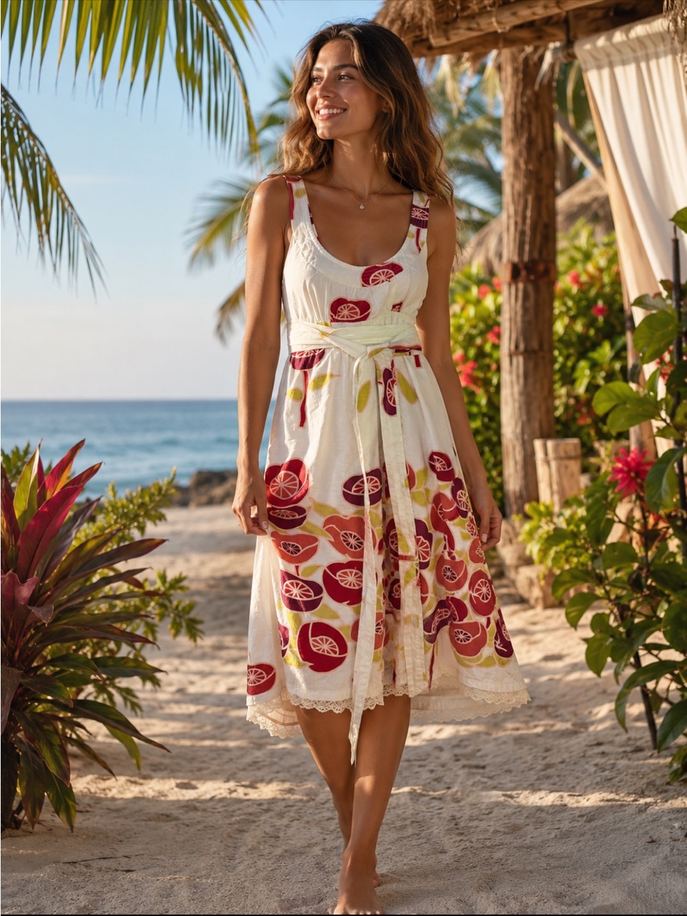 Bitten by Sarah Jessica Parker Cream Midi Dress with Red & Lime Citrus Print